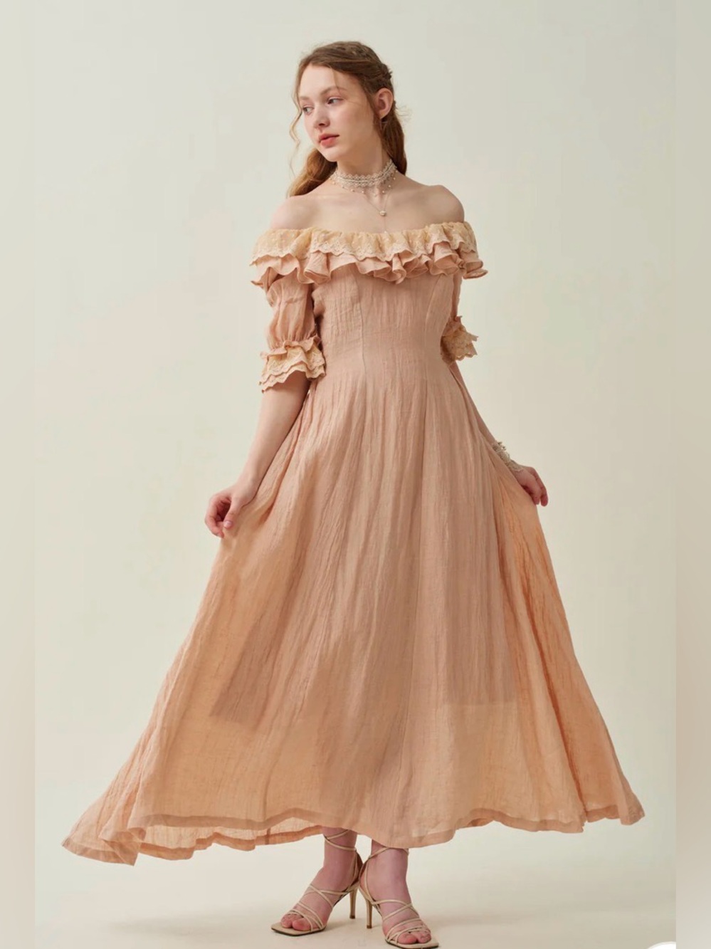 Light Pink Lace-Up Flared Linen Dress